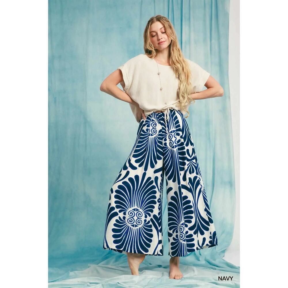 Umgee Navy Tropical Swirl Wide Leg Pants - Picture 3 of 3